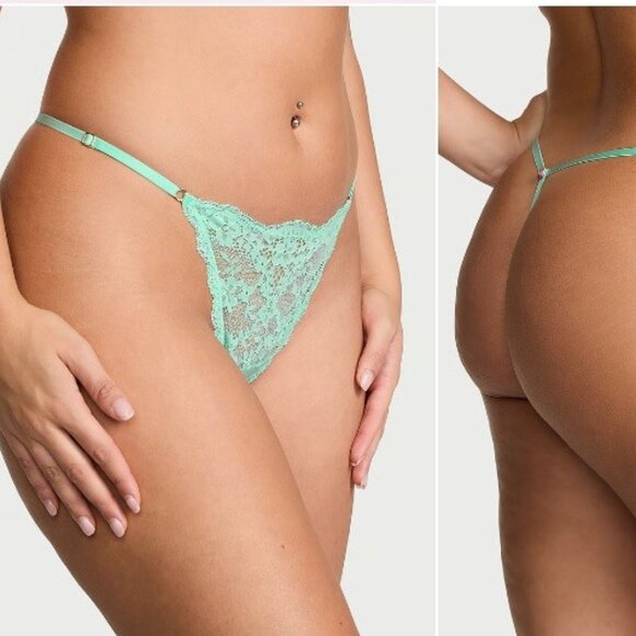 VICTORIA SECRET Dream Angels V-String Thong Panty SZ L Aqua Blue Lace Waterfall - Picture 1 of 5